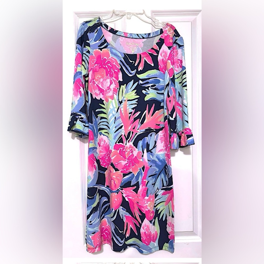 Lilly Pulitzer Sophie Ruffle High Tide Navy Tropical Dress ; Size S; - Picture 2 of 7